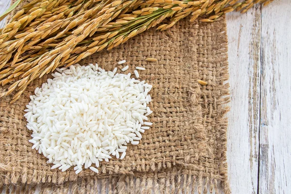 Spike and rice seed in burlap sack on a wooden table — Stock Photo, Image