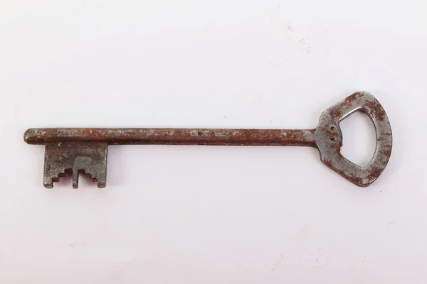 Old Rusty Key Lying White Background — Stock Photo, Image