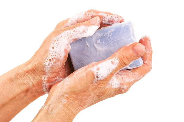 Mýdlovou ruce na bílém — Stock fotografie