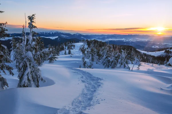 冬日高山上雪地上的小路 — 图库照片