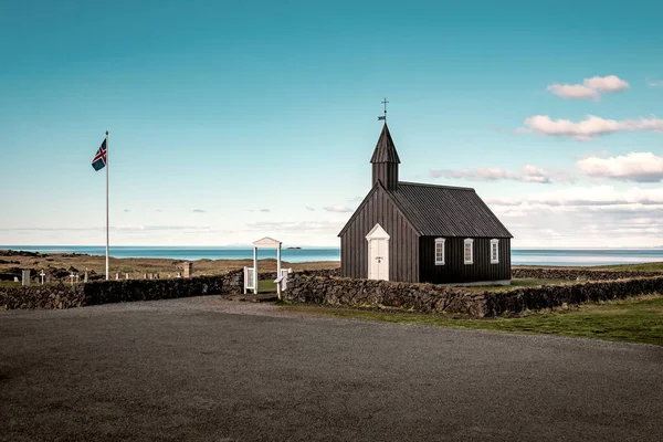 Vecchia Chiesa Nera Budir Islanda Tramonto — Foto Stock