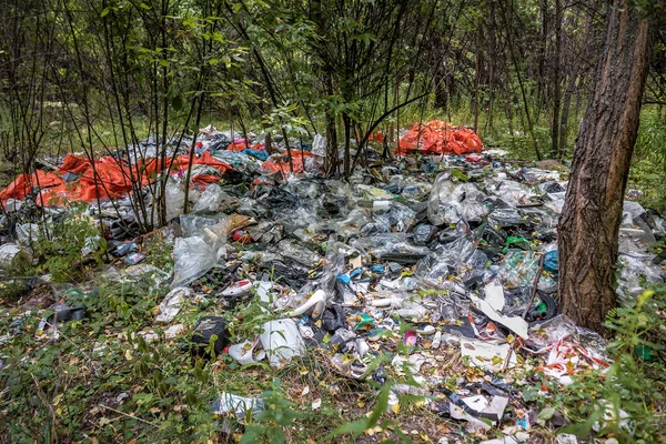 Plastikowe Śmieci Zielonym Lesie Zanieczyszczenie Środowiska Nielegalne Wysypisko — Zdjęcie stockowe