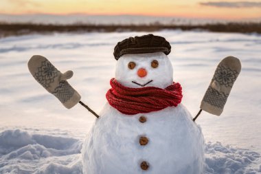 Gün batımında sevimli komik kardan adam