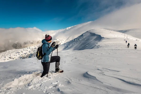 Hiker Walks Deep Snow Winter Mountains — 图库照片