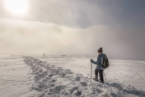 Walking Tourist Snow Fog Winter Mountains — 图库照片