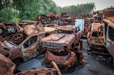 Savaş sırasında Irpin şehrindeki Ukrayna ormanının yakınındaki yanmış paslı araba yığını.