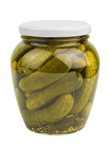 Jar of marinated cucumbers — Stock Photo, Image