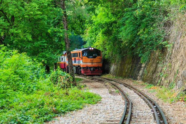 Tåget kör förbi tunneln kanjanaburi — Stockfoto