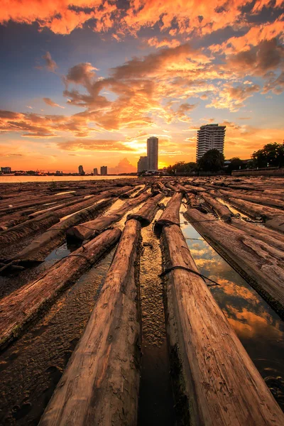 Pôr do sol paisagem em Pilha de madeira — Fotografia de Stock