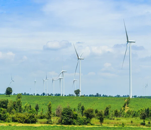 Turbiny wiatrowe w zielonym polu — Zdjęcie stockowe