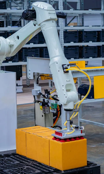 Otomatik bir robot kolu endüstriyel bir fabrikada kutular dolusu mal kaldırıyor..