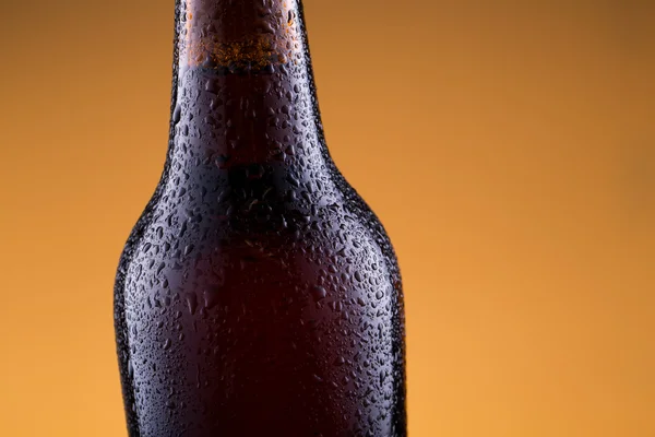 Beer bottle with water drops in golden background. — Stock Photo, Image