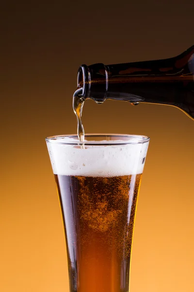 Beer bottle with a glass in golden background. — Stock Photo, Image