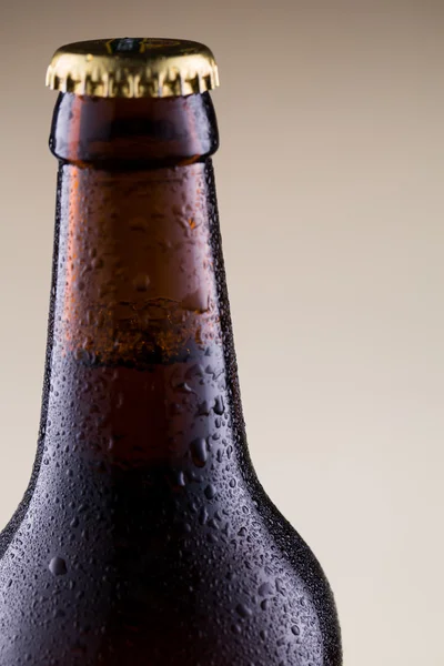 Beer bottle with water drops in brown background. — Stock Photo, Image