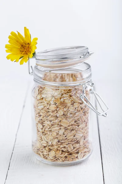 Die Haferflocken in Glas und Blume. — Stockfoto