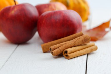 Elma, tarçın ve kabaklar wodden tablo.