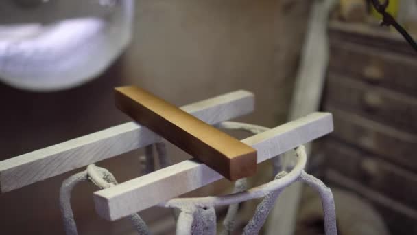 Usine de meubles, Vernissage d'un produit en bois par un pulvérisateur — Video