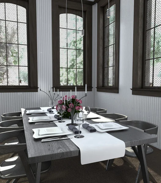 Ensemble de table avec des plats blancs dans la salle à manger lumineuse — Photo