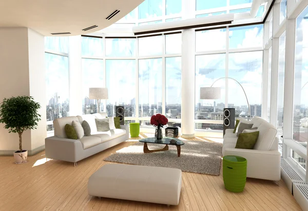 Modern living room with wrap around windows 3d — Stock Photo, Image