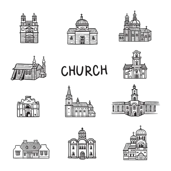 Evi simgeler kümesi. Kilise doodles. hat illüstrasyon. çizilmiş şekil verin. Sanat eğlenceli. karikatür tarzı.