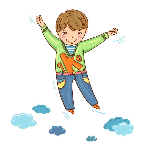 Happy boy on colorful background. Hand drawn. Jumping child. Happy emotions. Cartoon style.