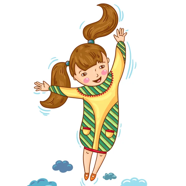 Вектор фондового рынка: Счастливая девушка на цветном фоне. Ручная работа. Прыгающий ребенок. Счастливые эмоции. Карикатурный стиль . — стоковый вектор