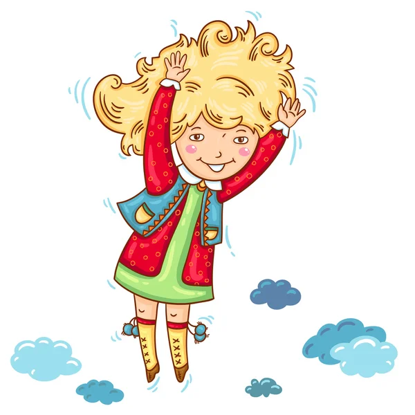 Stock Vector Ilustração: Menina feliz em fundo colorido. Mão desenhada. Criança saltitante. Felizes emoções. Estilo dos desenhos animados . —  Vetores de Stock