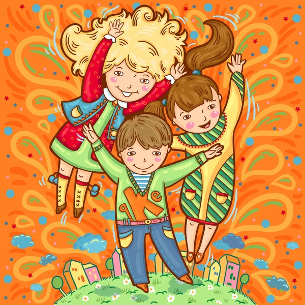 Glada tre barn på färgstarka bakgrund. Hand dras. Hoppande barn. Glada känslor. Tecknad stil. — Stock vektor