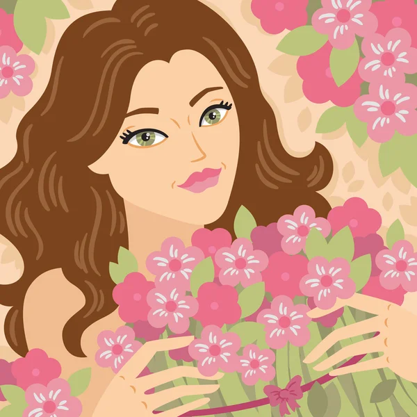 Young beautiful girl with flowers — Stock Vector