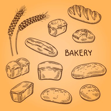 Fırıncılık illüstrasyon kümesi. Oyma retro tarzı. Elle çizilmiş doodle.