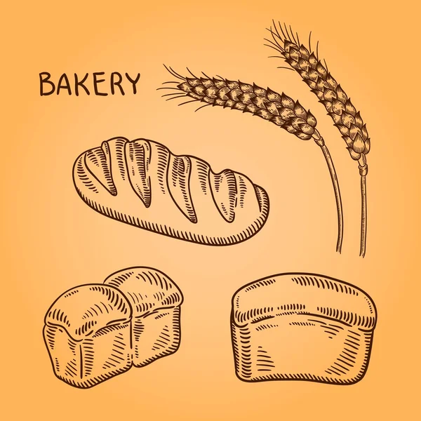 Set of bakery illustration. Engraving retro style. Hand drawn doodle. — Stock Vector