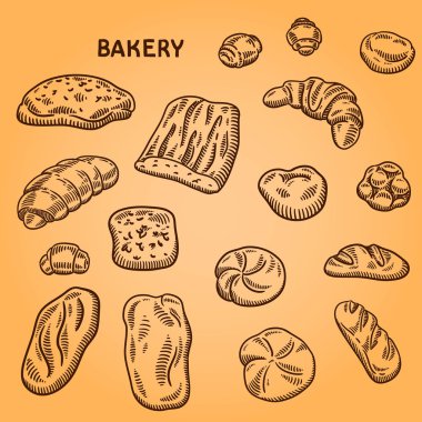 Fırıncılık illüstrasyon kümesi. Oyma retro tarzı. Elle çizilmiş doodle.