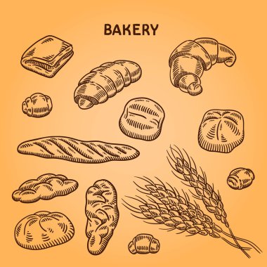 Fırıncılık illüstrasyon kümesi. Oyma retro tarzı. Elle çizilmiş doodle.