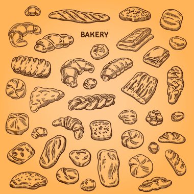 Fırıncılık illüstrasyon kümesi. Oyma retro tarzı. Elle çizilmiş doodle.