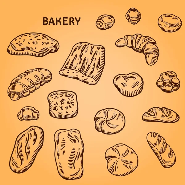 Fırıncılık illüstrasyon kümesi. Oyma retro tarzı. Elle çizilmiş doodle.