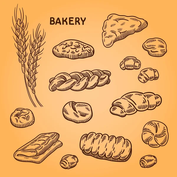 Reihe von Bäckereiillustrationen. Gravur im Retro-Stil. Handgezeichnetes Doodle. — Stockvektor