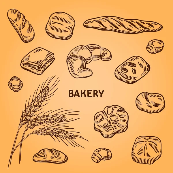 Set of bakery illustration. Engraving retro style. Hand drawn doodle. — Stock Vector