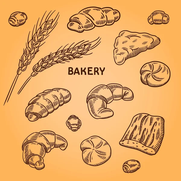 Set of bakery illustration. Engraving retro style. Hand drawn doodle. — Stock Vector