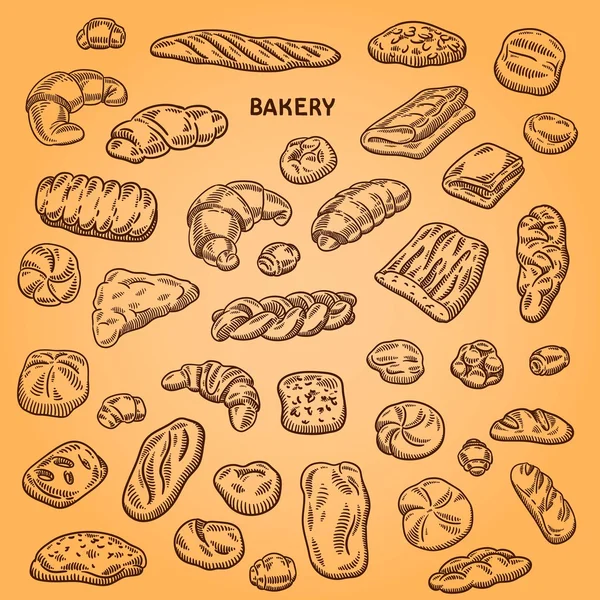 Fırıncılık illüstrasyon kümesi. Oyma retro tarzı. Elle çizilmiş doodle.