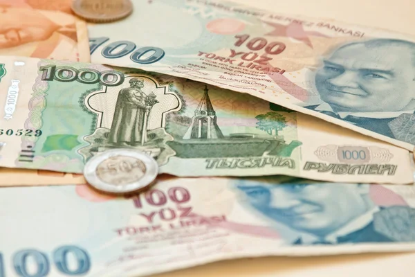 Two european currencies - Russian ruble and Turkish Lira — Stock Photo, Image