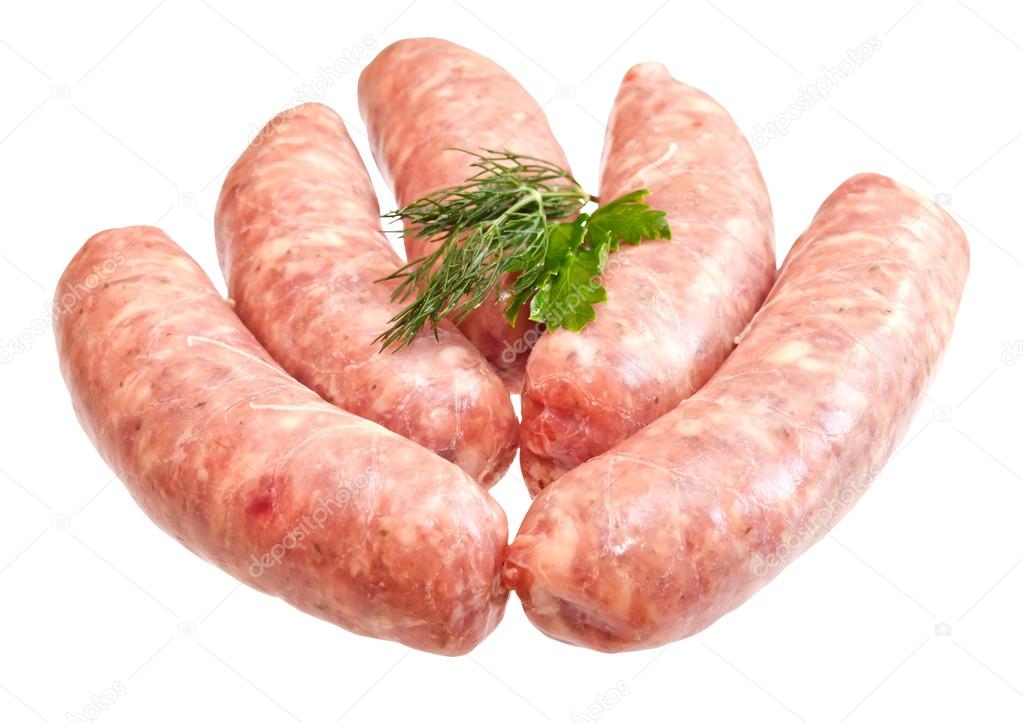 Raw meat sausages with greens isolated on white background