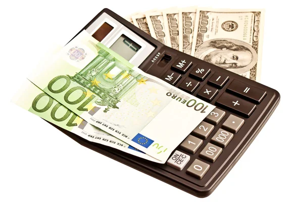 Wirtschaftsbild: Geld und Taschenrechner über Weiß — Stockfoto