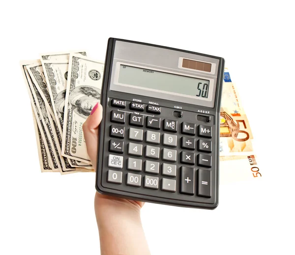 Calculator in woman's hands, money background — Stock Photo, Image