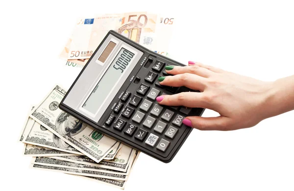 Calculadora en manos de mujer, fondo de dinero —  Fotos de Stock