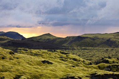 gün batımında yünlü moss İzlanda ile gerçeküstü manzara