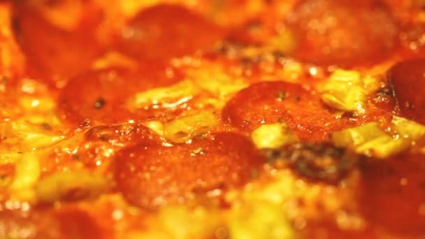 Готовить пиццу салями в печи — стоковое видео