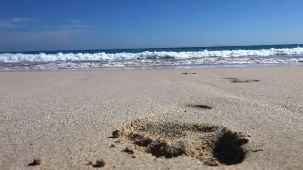 Strand mit frischen Fußabdrücken weggespült — Stockvideo