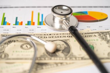 ABD dolar banknotları, Finans, Hesap, İstatistik, Analitik araştırma verileri ve İşletme Sağlık Toplama Konsepti üzerine steteskop