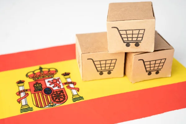 Box with shopping cart logo and Spain flag, Import Export Shopping online or eCommerce finance delivery service store product shipping, trade, supplier concept.