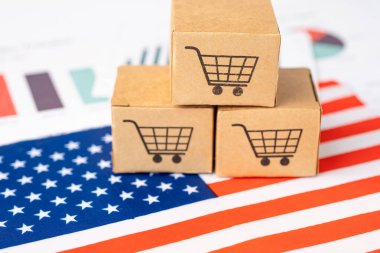 Alış veriş arabası logosu ve Amerika Birleşik Devletleri bayrağı, İthalat İhracat Alışveriş çevrimiçi veya eCommerce finans mağazası dağıtım servisi nakliyat, ticaret, tedarikçi konsepti içeren kutu.